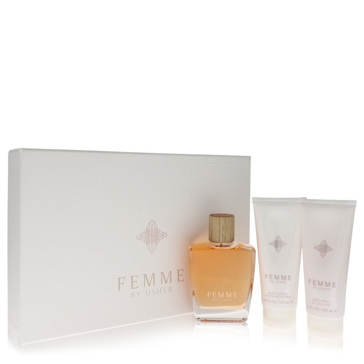 Femme By Usher Gift Set (3.4 oz Eau De Parfum Spray + 3.4 oz Body Lotion + 3.4 oz Shower Gel) Womens Perfume